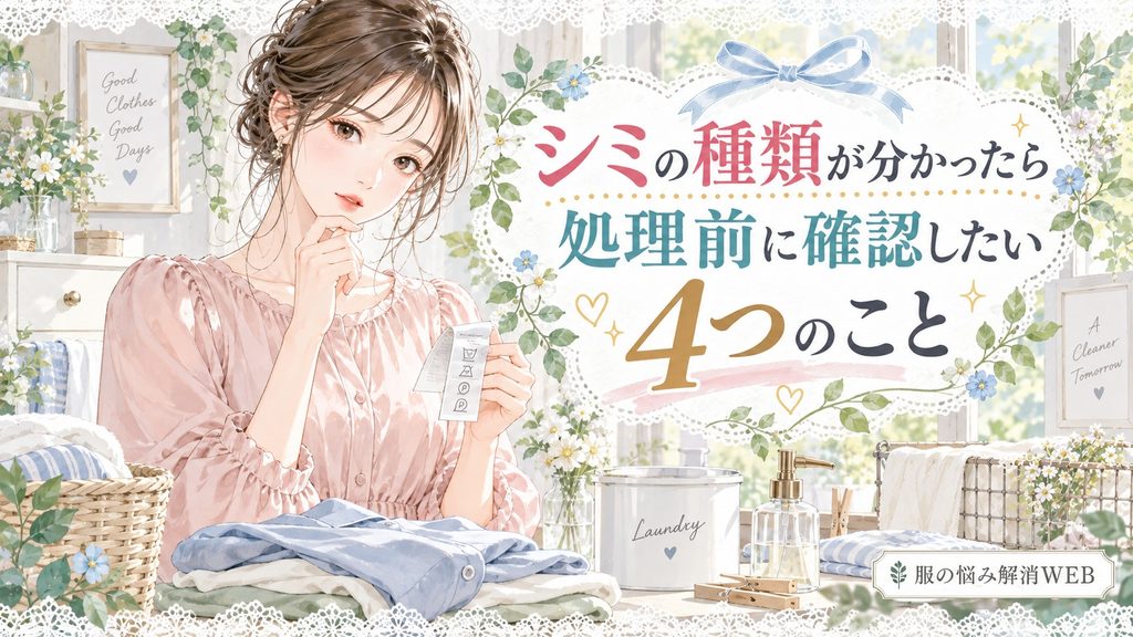 シミ処理の前に衣類の洗濯表示や素材などを確認する女性のイラスト