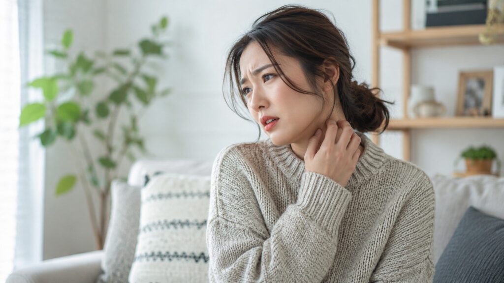 首元のチクチクが気になり、ベージュのニットを着て首に触れる日本人女性