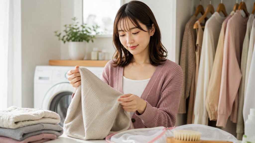 洗濯ネットや衣類ブラシを使ってニットを手入れする日本人女性