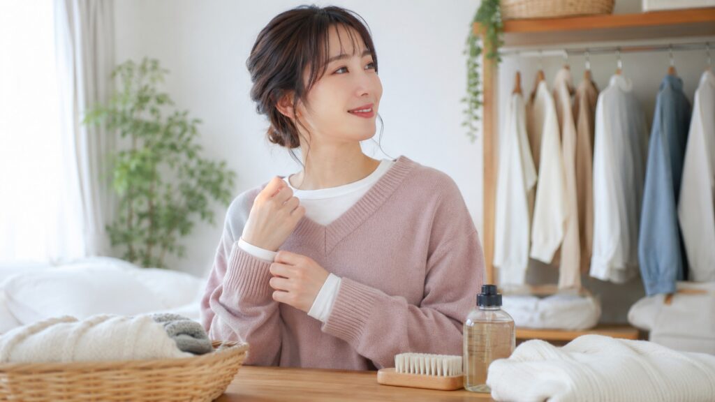 白インナーを重ねたピンクのニット姿で、ニットケア用品と一緒に過ごす日本人女性