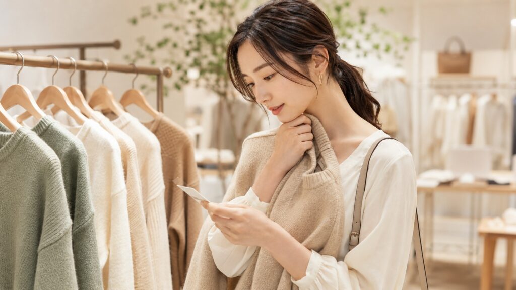 店頭でニットの素材タグを確認しながら選ぶ日本人女性