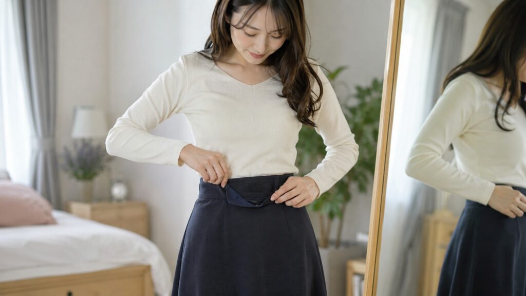 スカートが回らないようにウエスト部分を調整する日本人女性