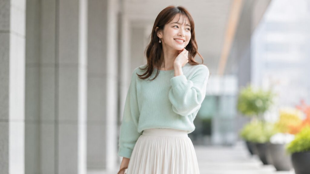 静電気対策後に淡いグリーンのニットを快適に着こなす日本人女性
