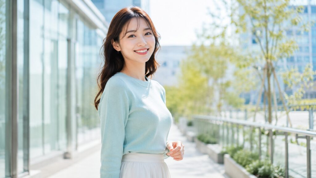 毛玉のない淡いブルーのニットをきれいに着こなす日本人女性