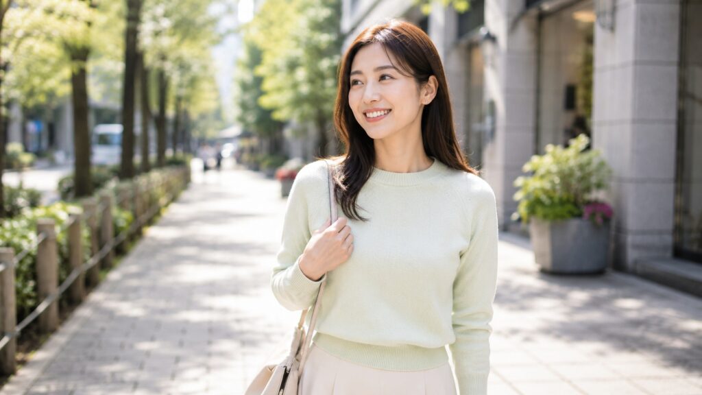 明るい街並みで淡いグリーンのニットを心地よく着こなす日本人女性