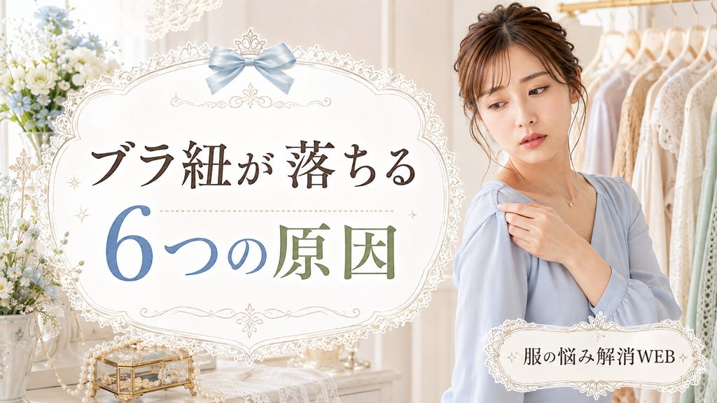 ブラ紐が落ちる6つの原因について、肩まわりを確認する女性を描いたイメージ
