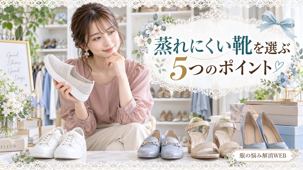 通気性のよさそうな靴を比較しながら、蒸れにくい靴を選ぶ女性のイメージ画像