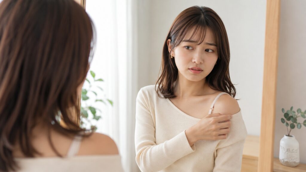 ブラ紐が落ちて気にする女性の様子