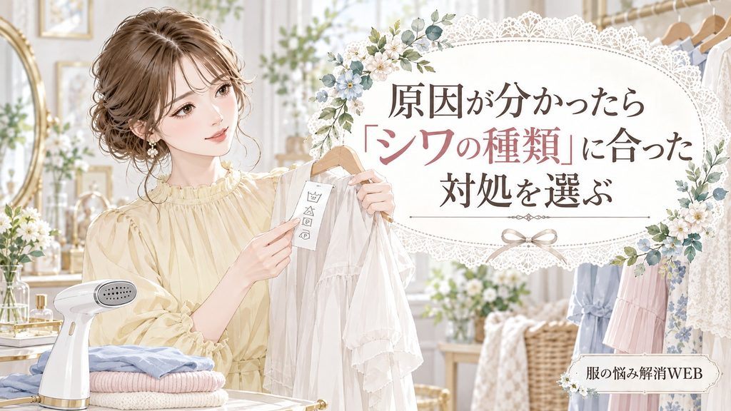 洗濯表示を確認しながら、シワの種類に合った衣類ケア方法を選ぶ女性のイラスト