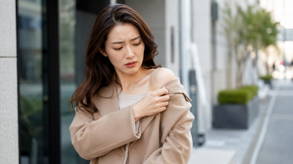 ベージュのコートを着た女性が、街中で肩からずり落ちたコートを気にしながら確認している様子
