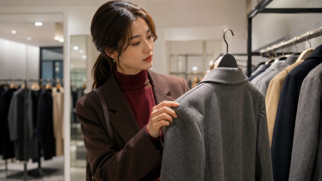 店舗でグレーのコートの肩まわりを手に取り、形や仕立てを確認しながら選んでいる女性