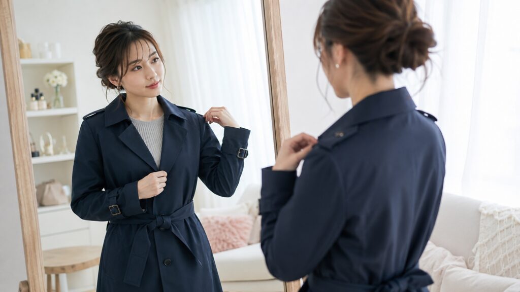鏡の前でネイビーのコートの肩線や襟元を整えながら、フィット感を確認している女性