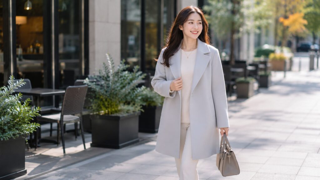 明るい街並みの中で、肩にきれいに合ったライトグレーのコートを着て自然に歩く女性