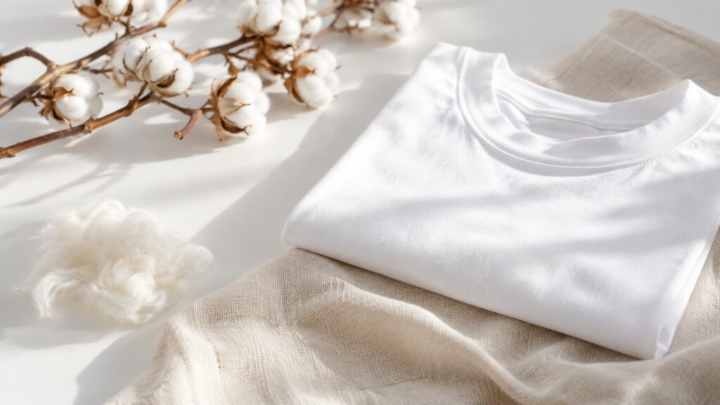 白いコットンTシャツと綿花、生成りの布を並べたコットン素材のイメージ