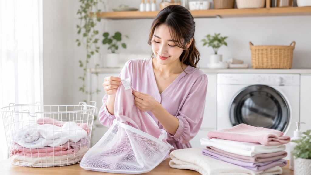 洗濯表示を確認しながらコットン衣類を洗濯ネットに入れる女性