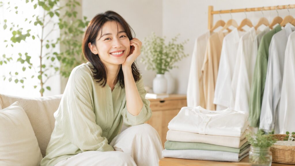 きれいに整えたコットン衣類のそばでリラックスする女性