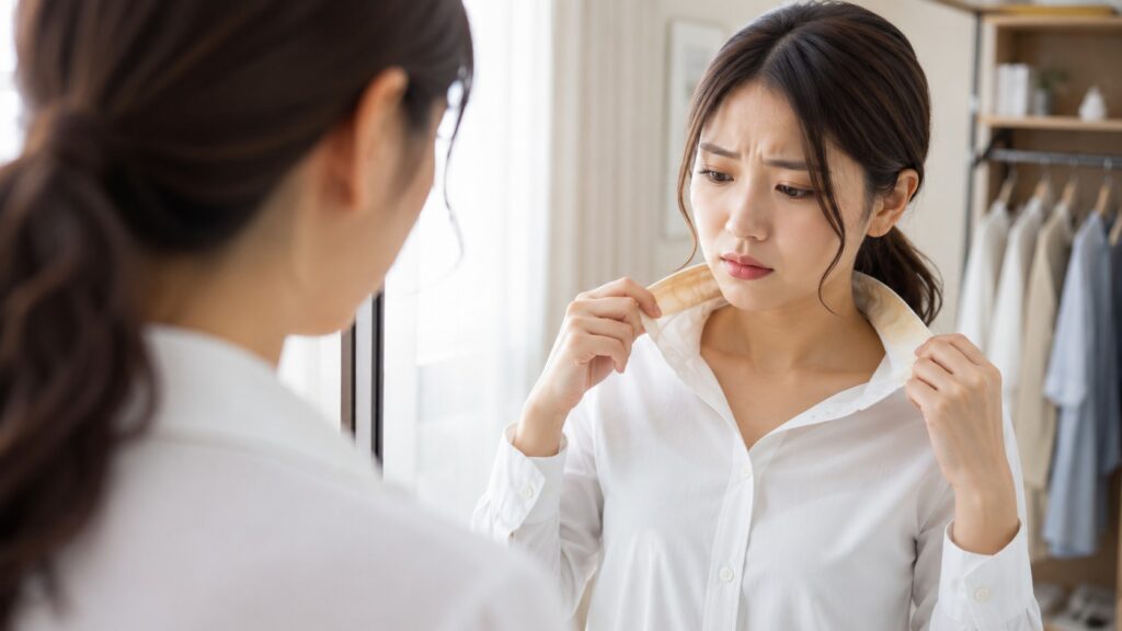 鏡の前で白シャツの襟の黄ばみを確認する女性