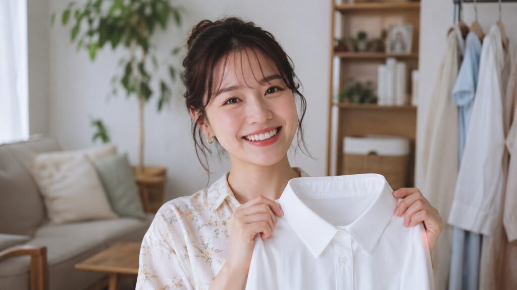 きれいになった白シャツの襟を笑顔で見せる女性
