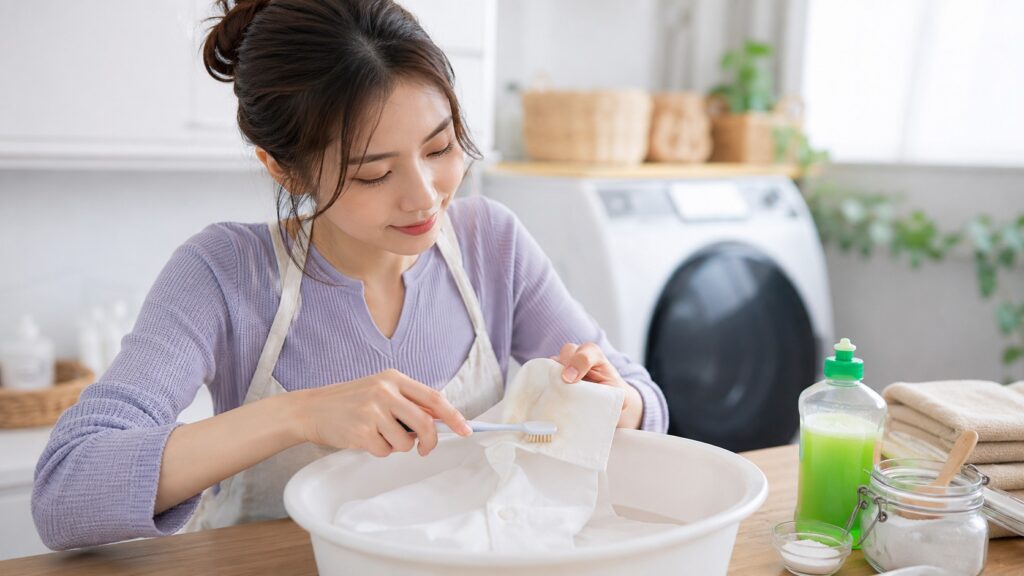 洗面スペースで白シャツの襟汚れをブラシで手入れする女性