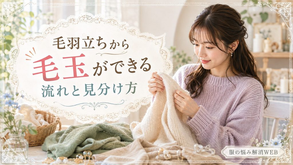 ニットを手に取り、毛羽立ちから毛玉ができる流れや見分け方を確認する女性
