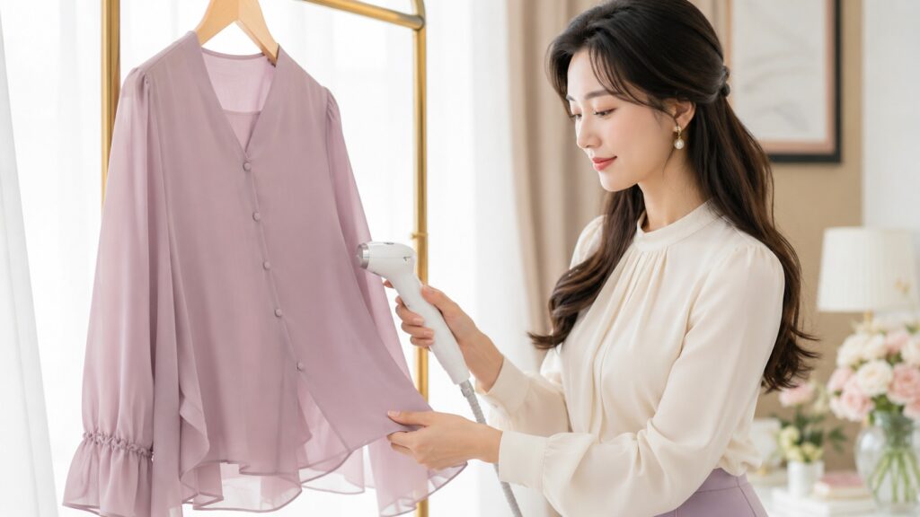 女性がハンガーに掛けた淡いピンクのジョーゼットブラウスにスチーマーを当てて、やさしくシワを整えている様子