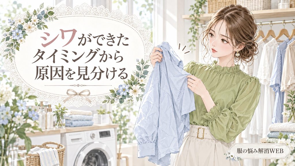 洗濯後の衣類を確認し、シワができたタイミングから原因を見分ける女性のイラスト