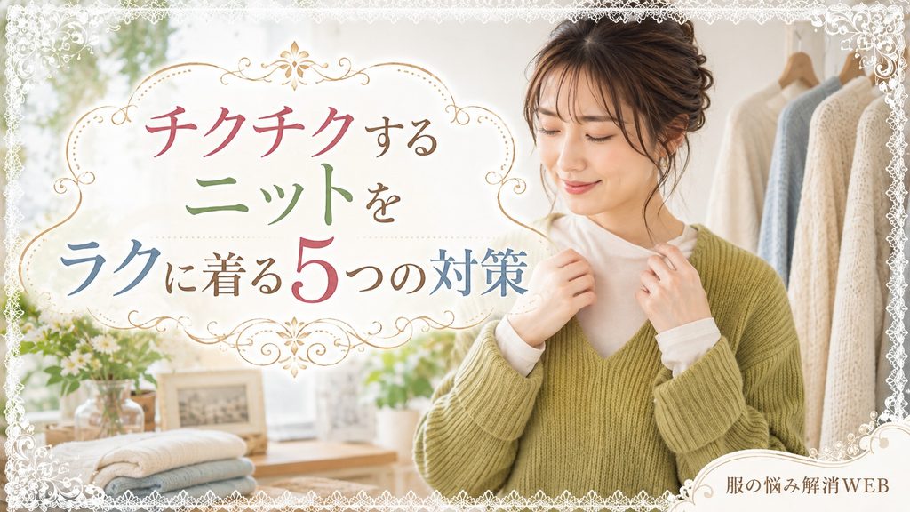 女性がインナーを重ねてチクチクするニットを快適に着る対策を試している様子