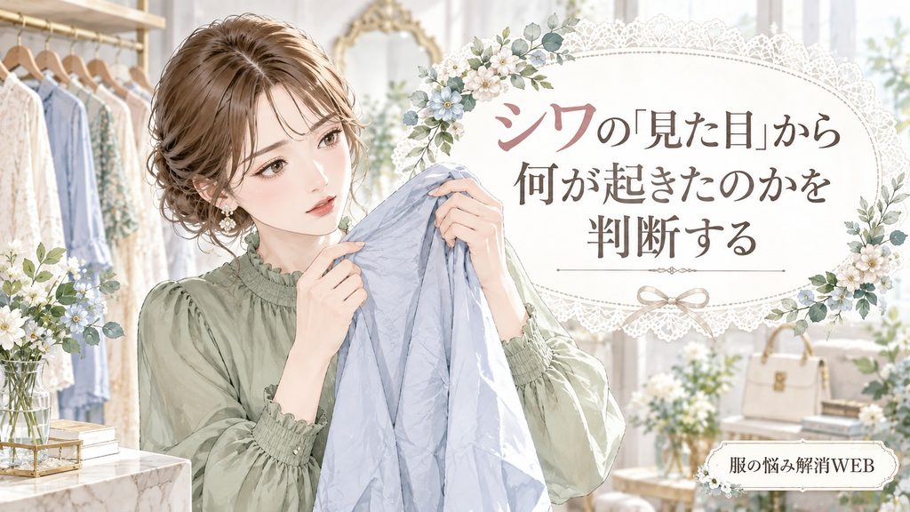 衣類のシワを近くで確認し、見た目から原因を判断する女性のイラスト