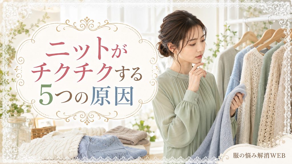 女性が複数のニットを見比べながらチクチクする原因を考えている様子
