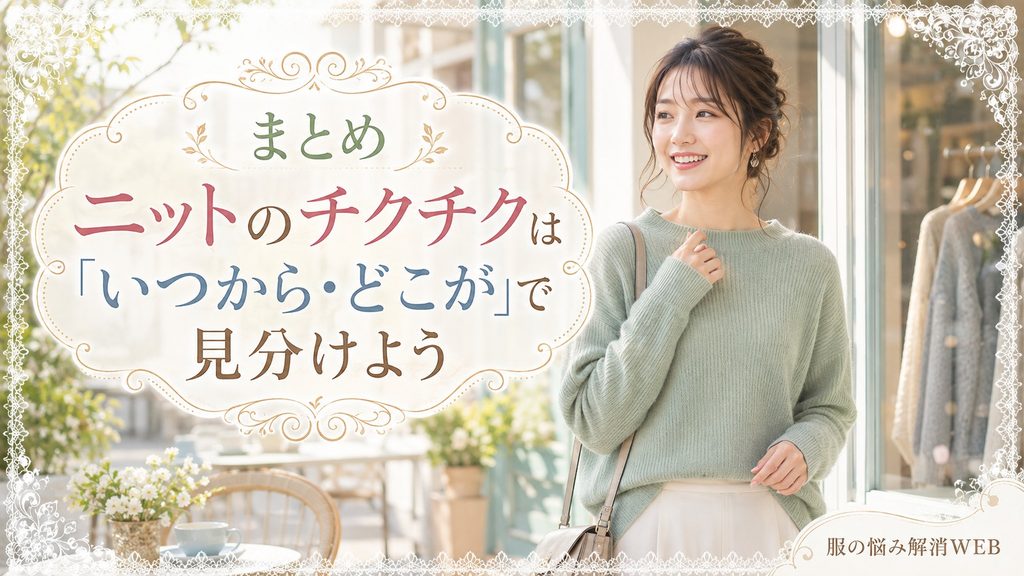 チクチクしにくいニットを着た女性が明るい表情で快適に過ごしている様子