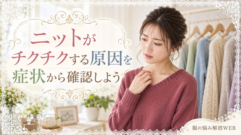 ニットを着た女性が首元のチクチク感を気にしながら症状を確認している様子