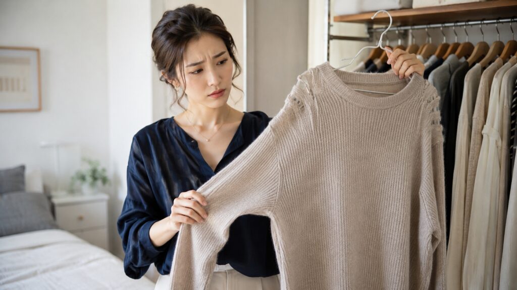 伸びたベージュのニットをハンガーに掛けて確認する女性
