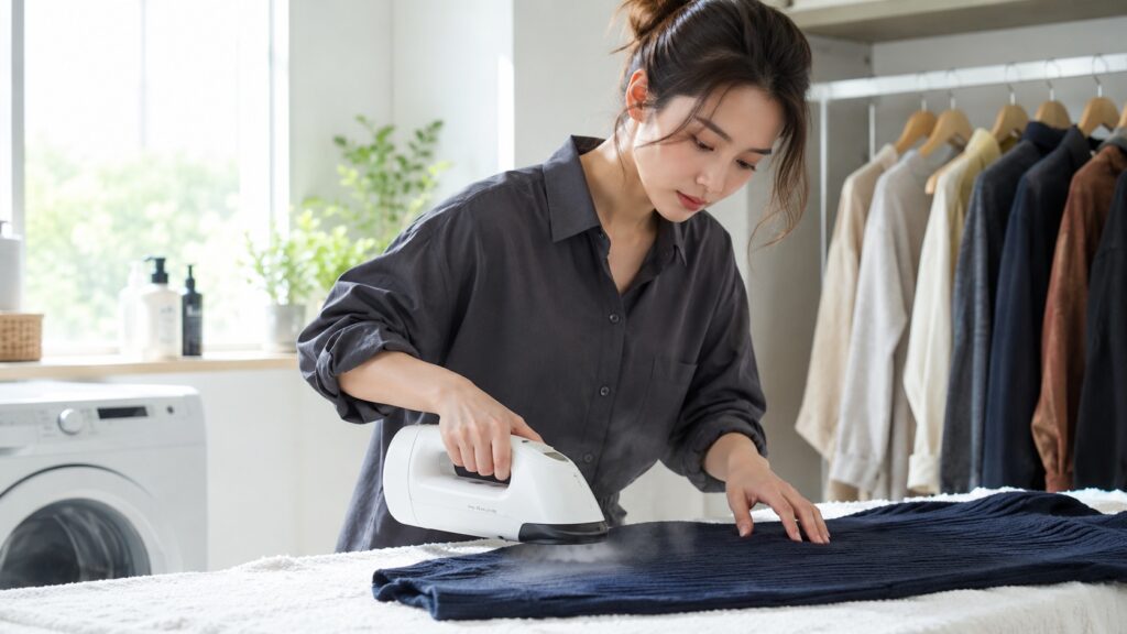黒いニットをスチームで整えて伸びを戻そうとする女性