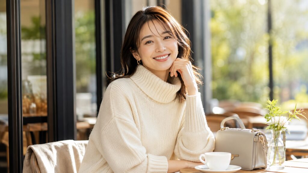 明るいカフェで白いタートルネックニットを着て微笑む女性