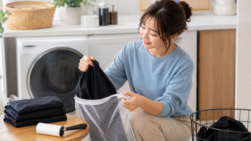 黒い服を洗濯ネットに入れてホコリ対策をする若い女性