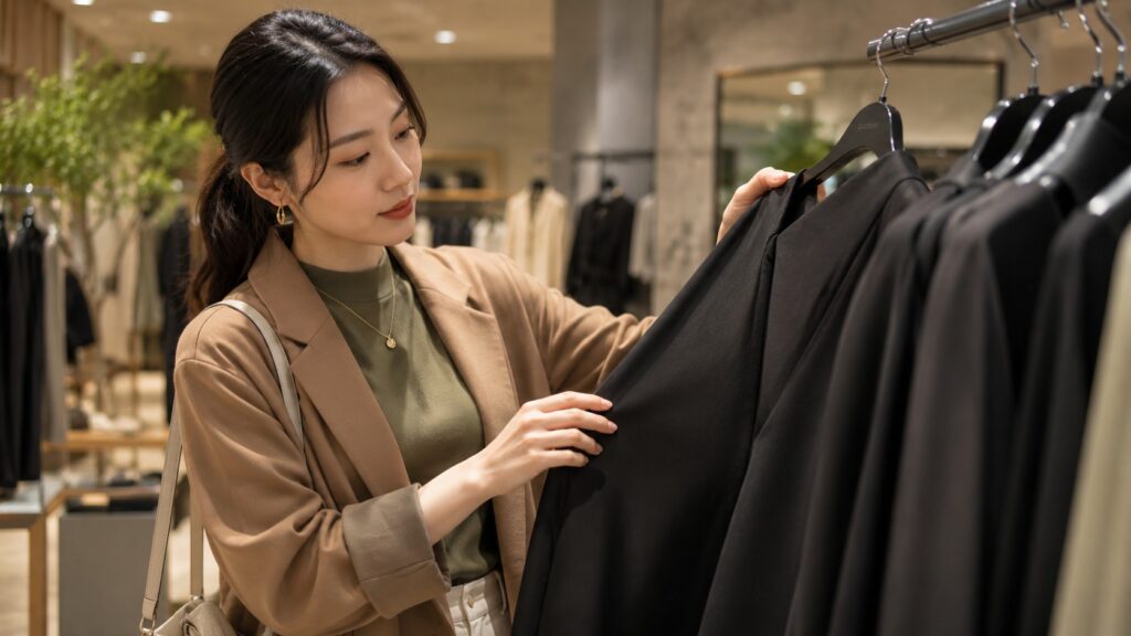 洋服店でホコリが付きにくそうな黒い服を選ぶ若い女性