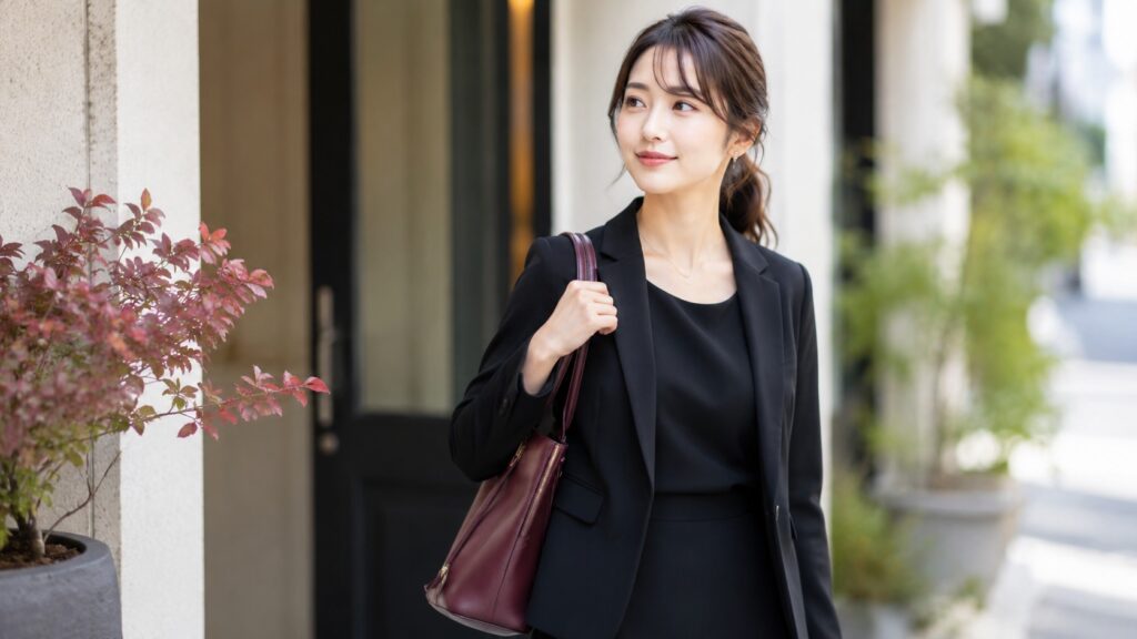 ホコリのない黒い服をきれいに着こなす若い女性