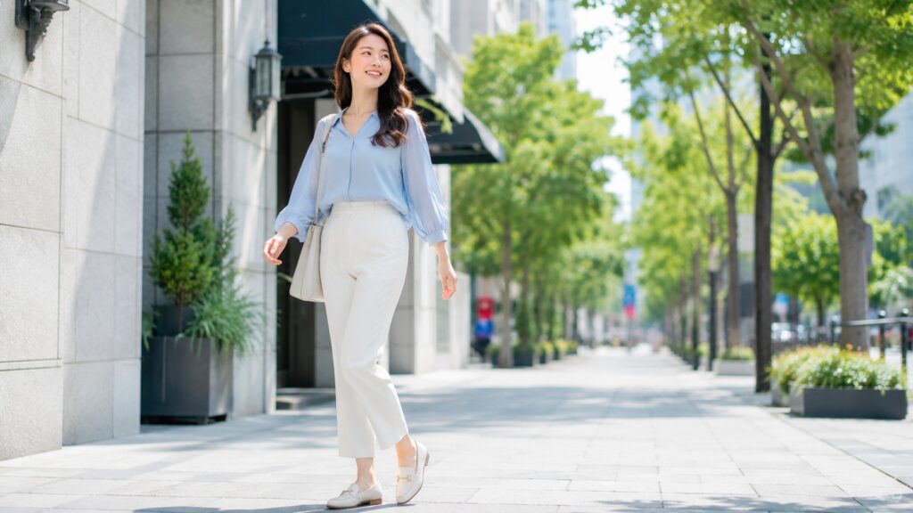 蒸れにくい靴を履いて、明るい街並みを快適に歩く日本人女性