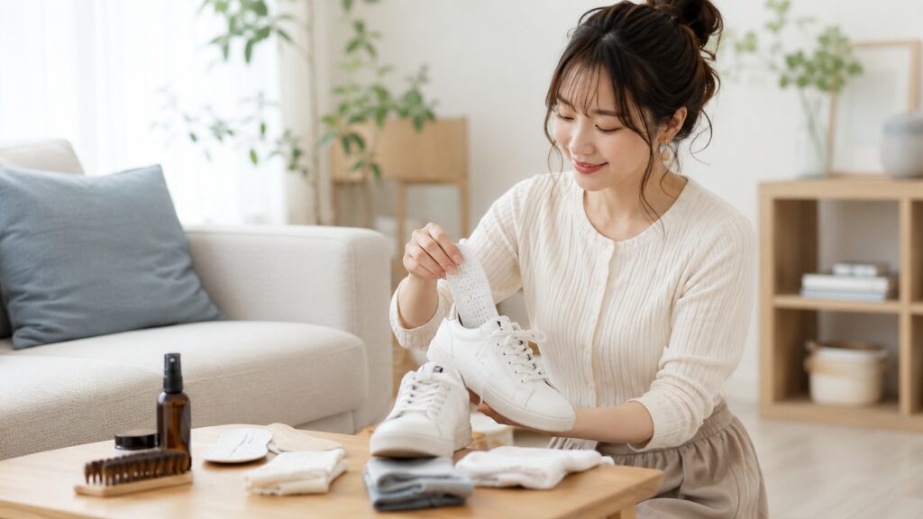 自宅で白いスニーカーにインソールを入れ、靴の蒸れ対策をする日本人女性