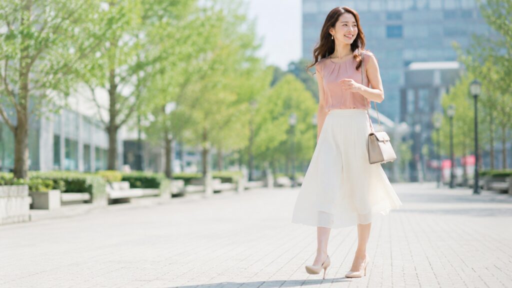 靴擦れしにくい靴で明るい街並みを快適に歩く日本人女性