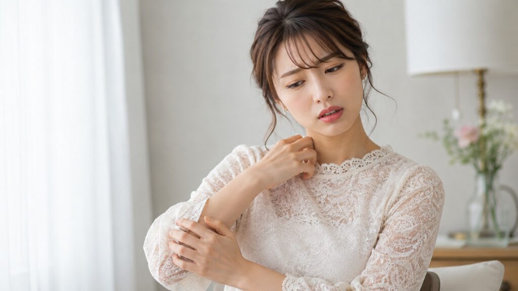 白いレースブラウスを着た女性が首元と腕のチクチク感を気にしている様子