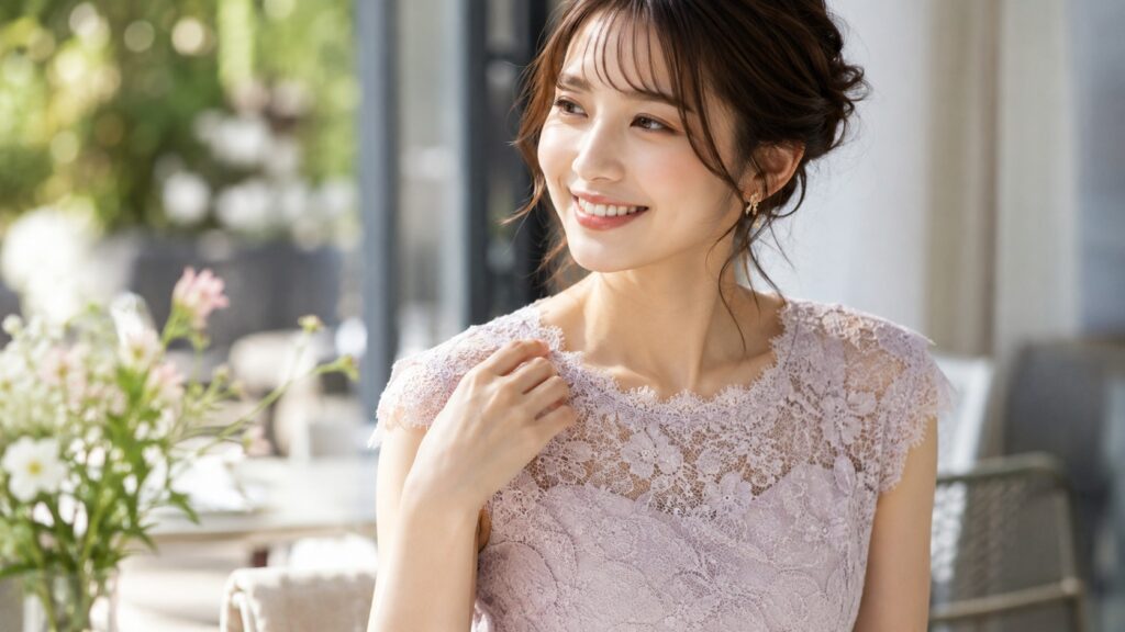 淡いラベンダーのレース服を快適に着こなして笑顔を見せる女性