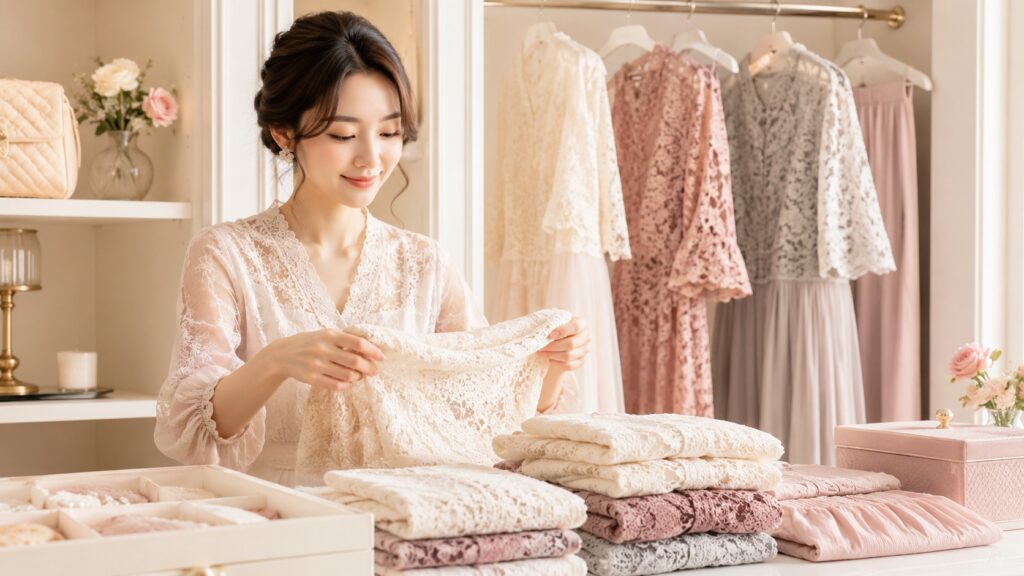 レース素材の衣類を丁寧に整理する女性とドレッシングルーム