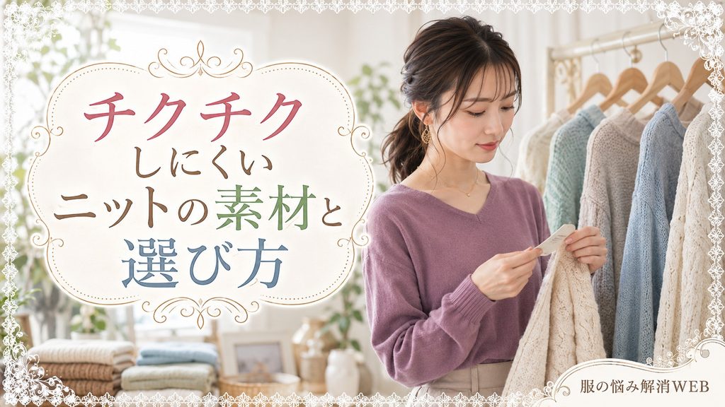 女性がニットの品質表示タグを確認しながらチクチクしにくい素材を選んでいる様子