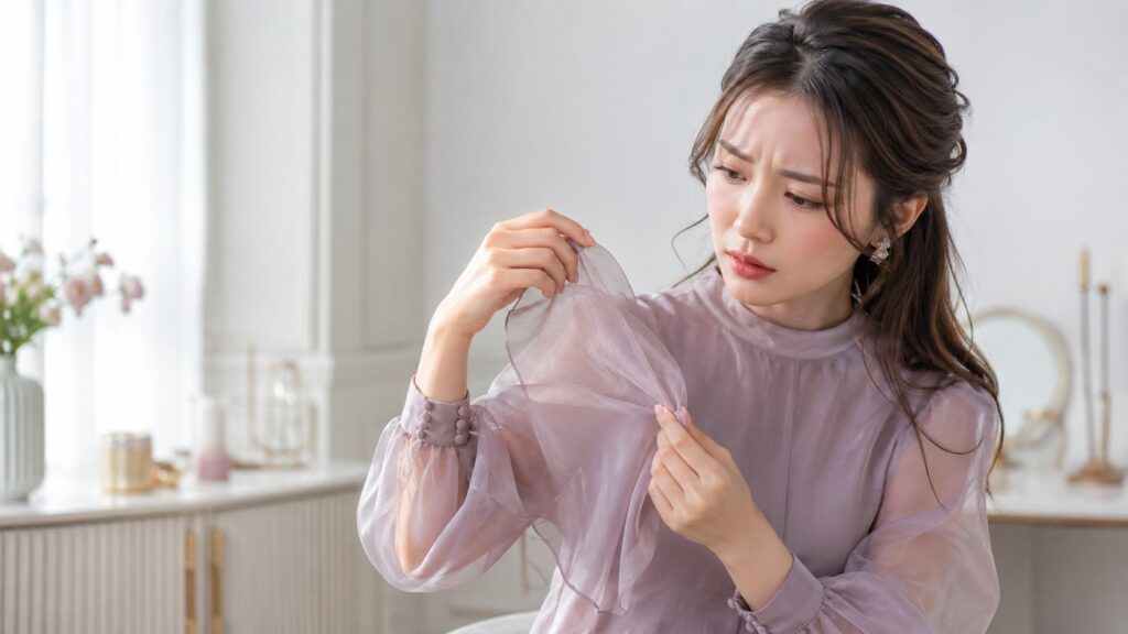 ラベンダー色のオーガンジーブラウスを着た女性が、袖の引っかけや糸つれを確認している様子