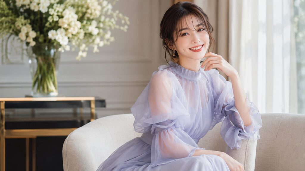 淡いラベンダーのオーガンジー服を着た女性が、明るい室内で上品に微笑んでいる様子