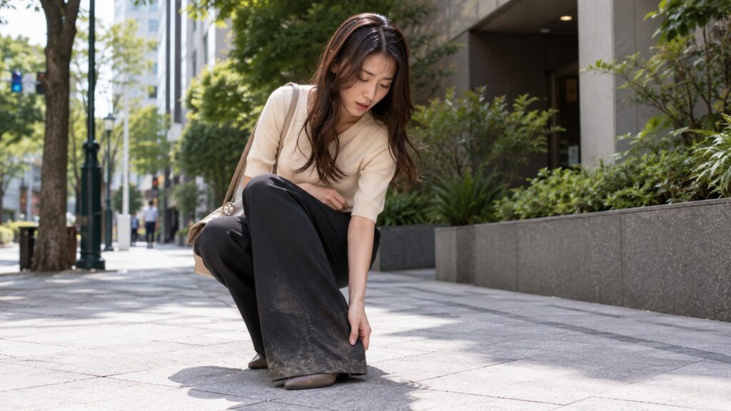 街中の歩道で、黒いワイドパンツの裾についた汚れをしゃがんで確認している若い女性