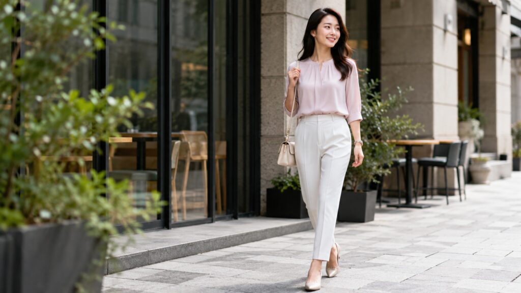 明るい街角を、裾がすっきりした白系パンツできれいに歩いている若い女性