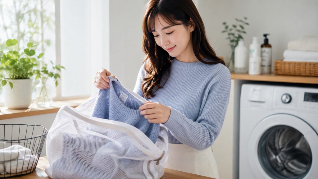明るいランドリースペースで、ブルーのニットを洗濯ネットに入れて丁寧にケアしている若い女性