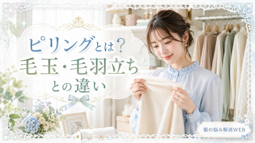 ニットの表面を確認する女性と、ピリング・毛玉・毛羽立ちの違いを紹介するイメージ